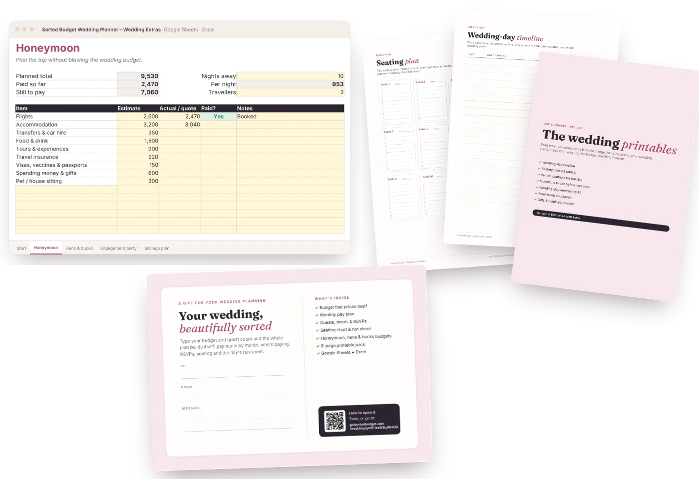 Planner + Extras: honeymoon budget, printable seating plan, day-of timeline and gift card