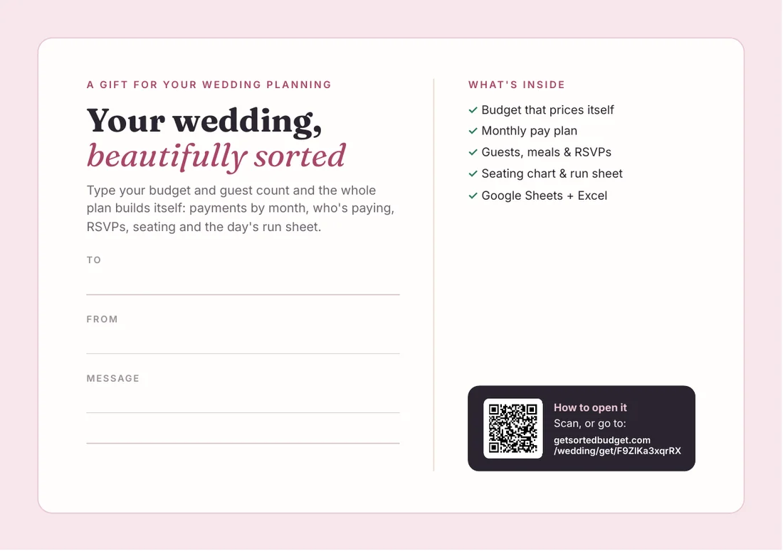Printable gift card with space for a message, a QR code and the couple's download link